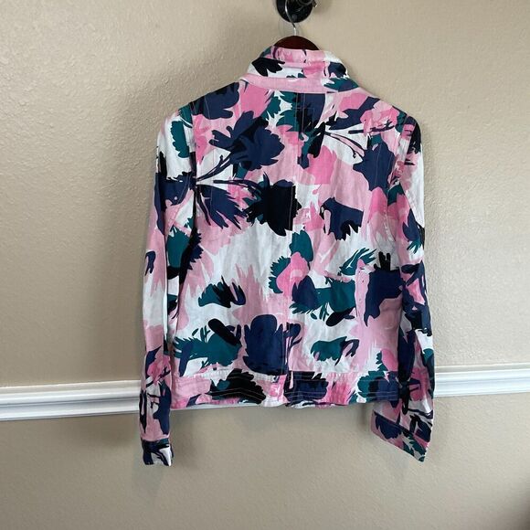 Yest Women Pink White Blue Floral Jacket 8 M All Linen Full Zip Button Hood H2 - Picture 6 of 12